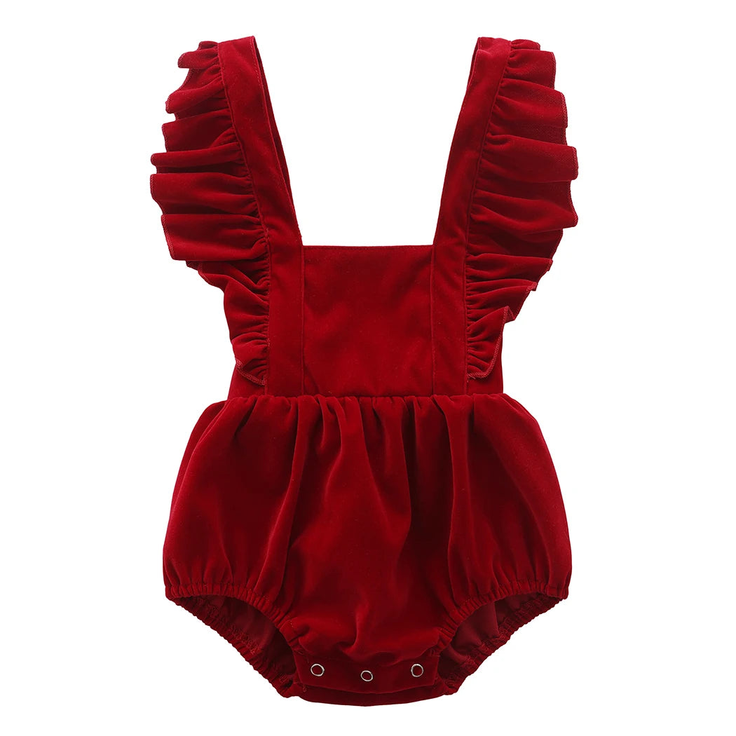 Front view of a red velvet-feel baby girls holiday romper featuring a square neckline and ruffle straps.