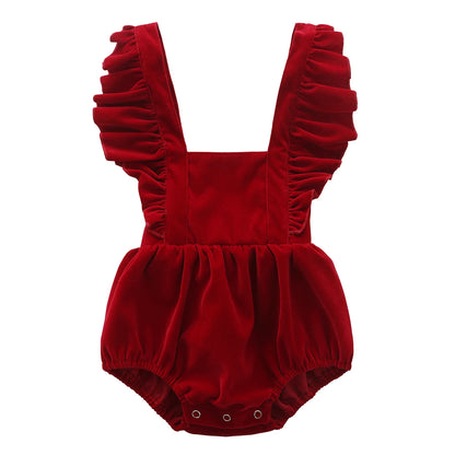 Front view of a red velvet-feel baby girls holiday romper featuring a square neckline and ruffle straps.