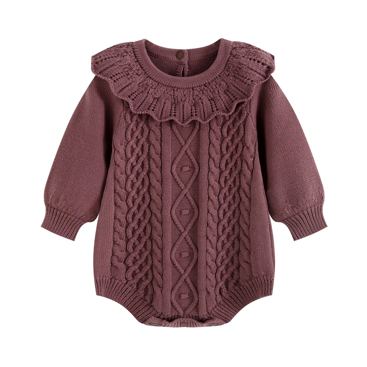 Cocoa mauve-brown long sleeve cable knit ruffle collar romper for baby girls.