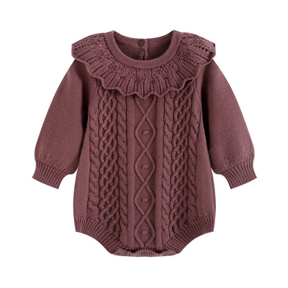 Cocoa mauve-brown long sleeve cable knit ruffle collar romper for baby girls.