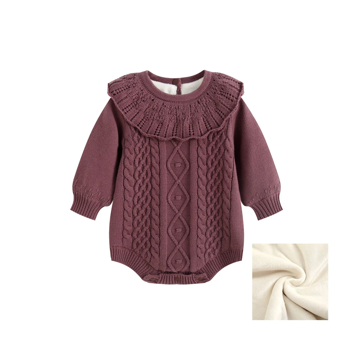 Cocoa brown baby girl cable knit sweater romper showing fleece lining inset icon.