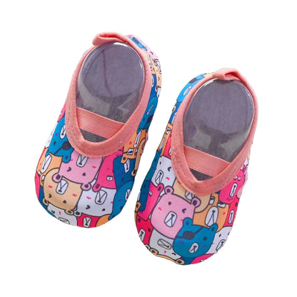 Kidsely multi-colored bear pattern barefoot beach shoes for babies and toddlers.