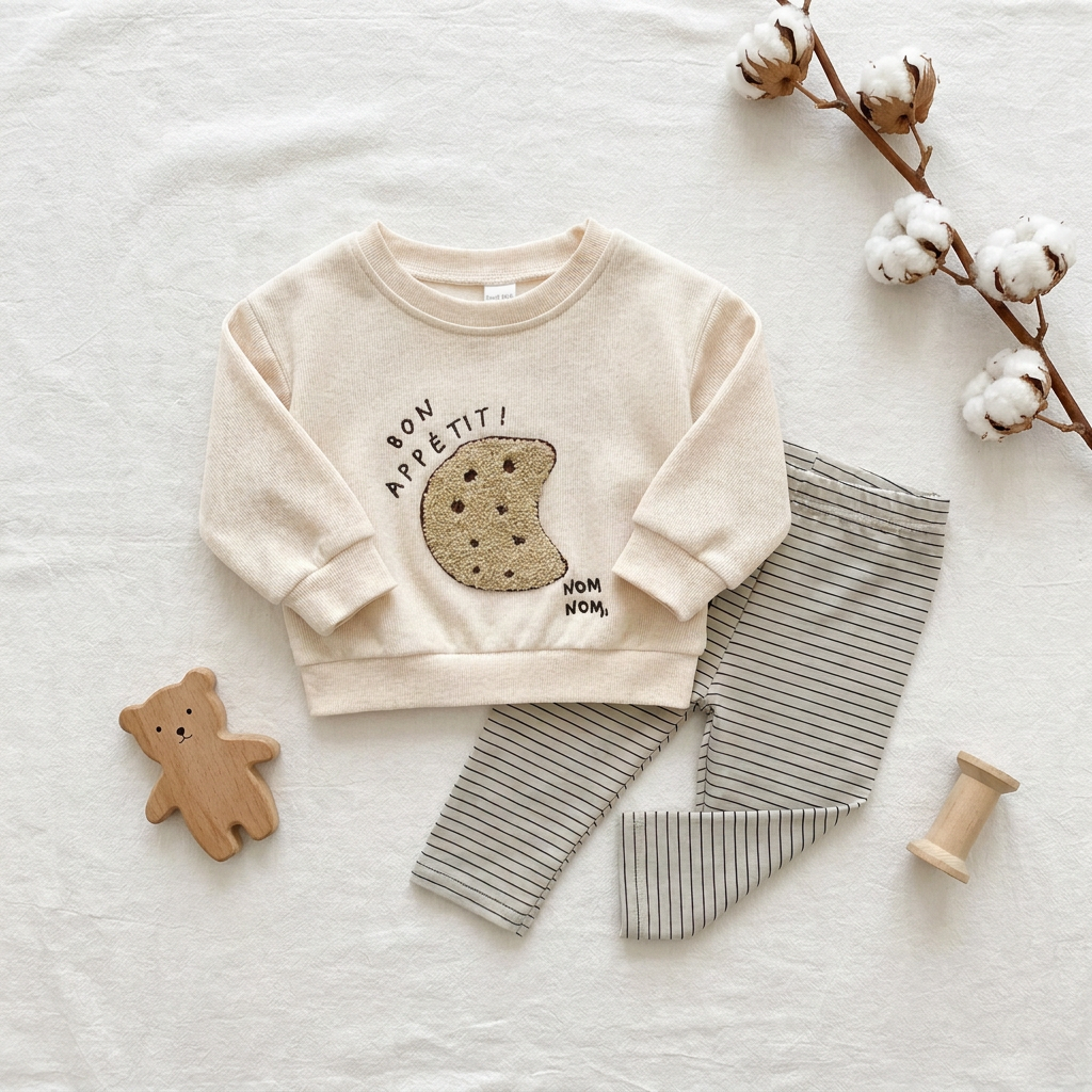 A flat lay of the kidsely baby cookie outfit set on a textured white blanket, styled with a small wooden bear toy, a wooden spool, and a cotton sprig.