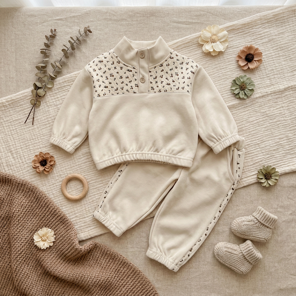 Styled flat lay of the cream cottagecore baby girls sweatshirt and jogger set on a textured blanket with baby socks, hair ties, and wooden teething rings.