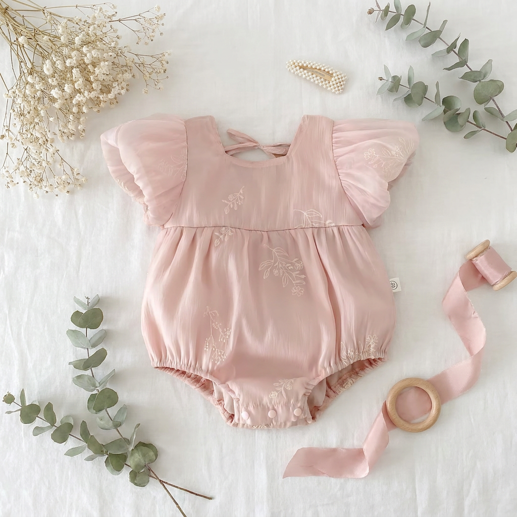 Flat lay of a pink embroidered bubble romper on a white surface decorated with dried eucalyptus, baby's breath, and a wooden teething ring.