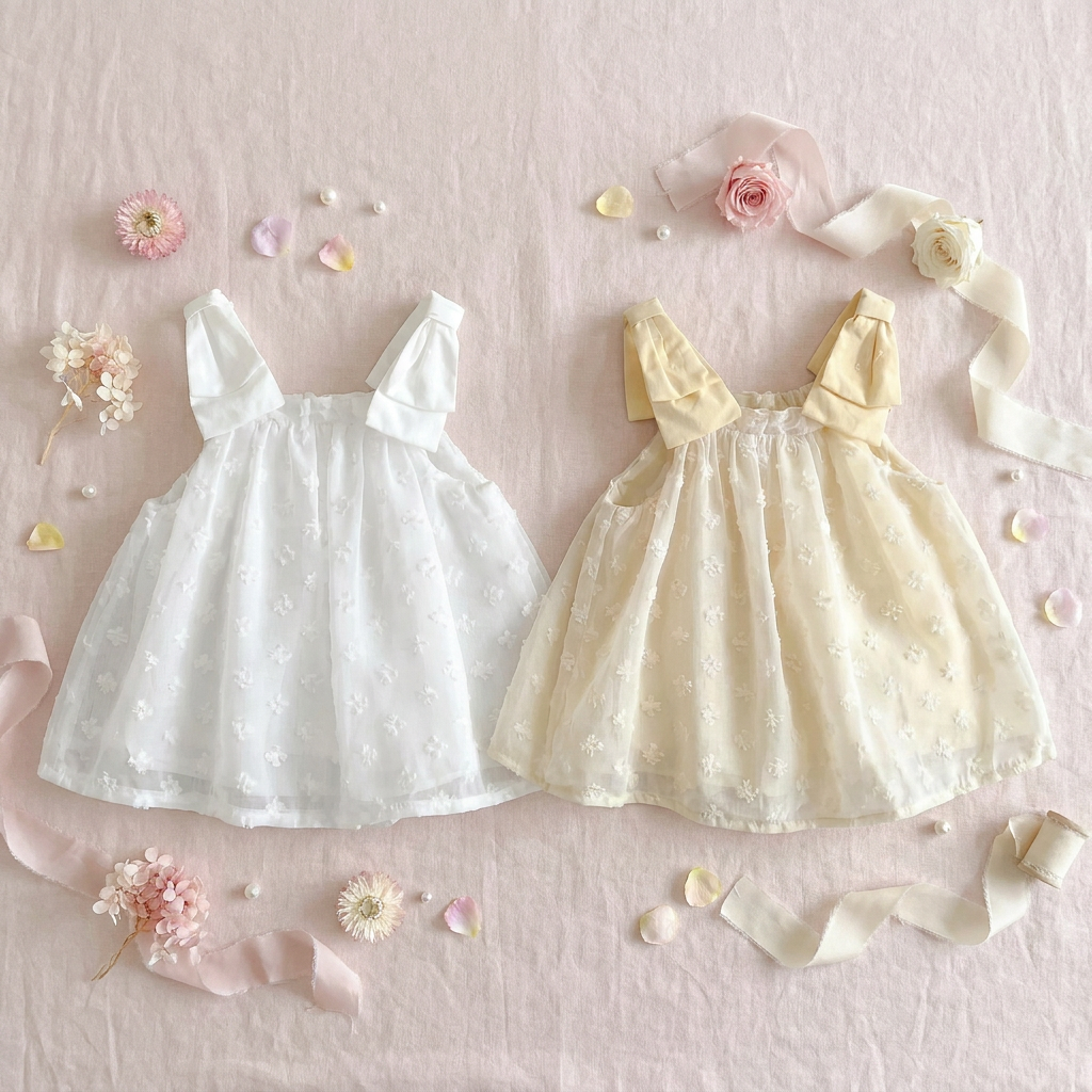Flat lay styling of the white and cream vintage style baby rompers surrounded by soft pink decorative flowers.