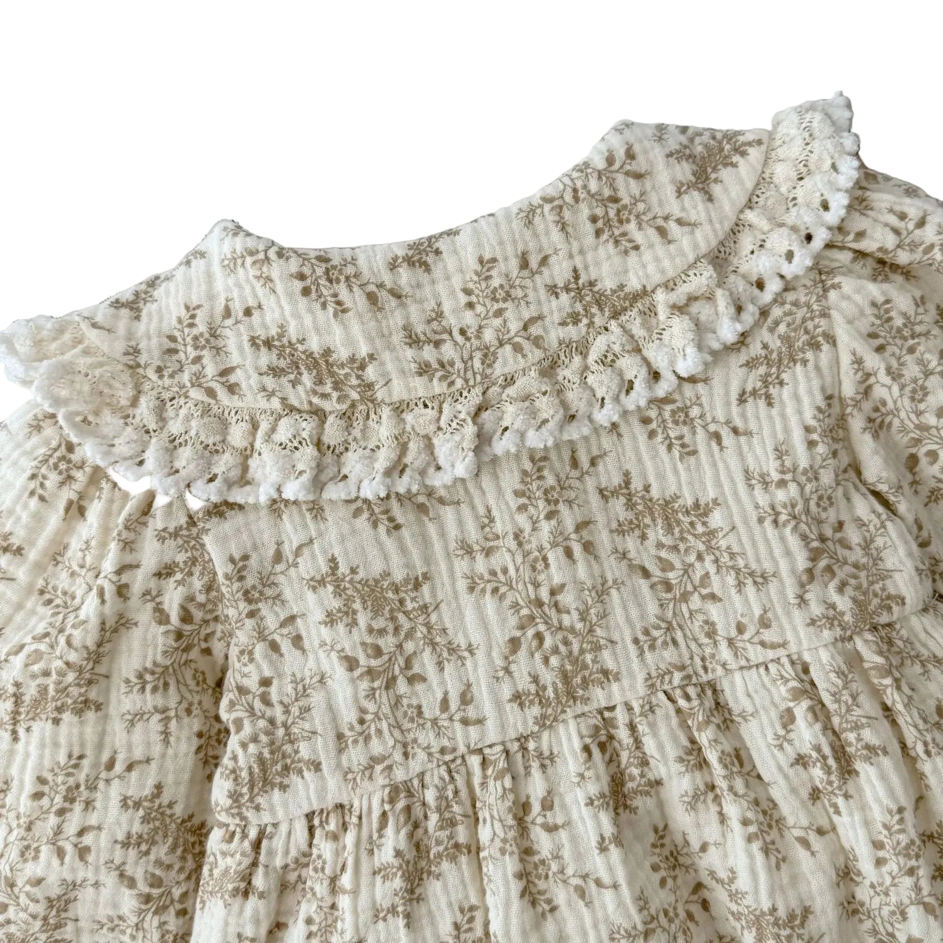 Detailed close-up showing the soft ribbed fabric texture and delicate lace collar trim on a floral cottagecore dress.