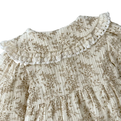 Detailed close-up showing the soft ribbed fabric texture and delicate lace collar trim on a floral cottagecore dress.