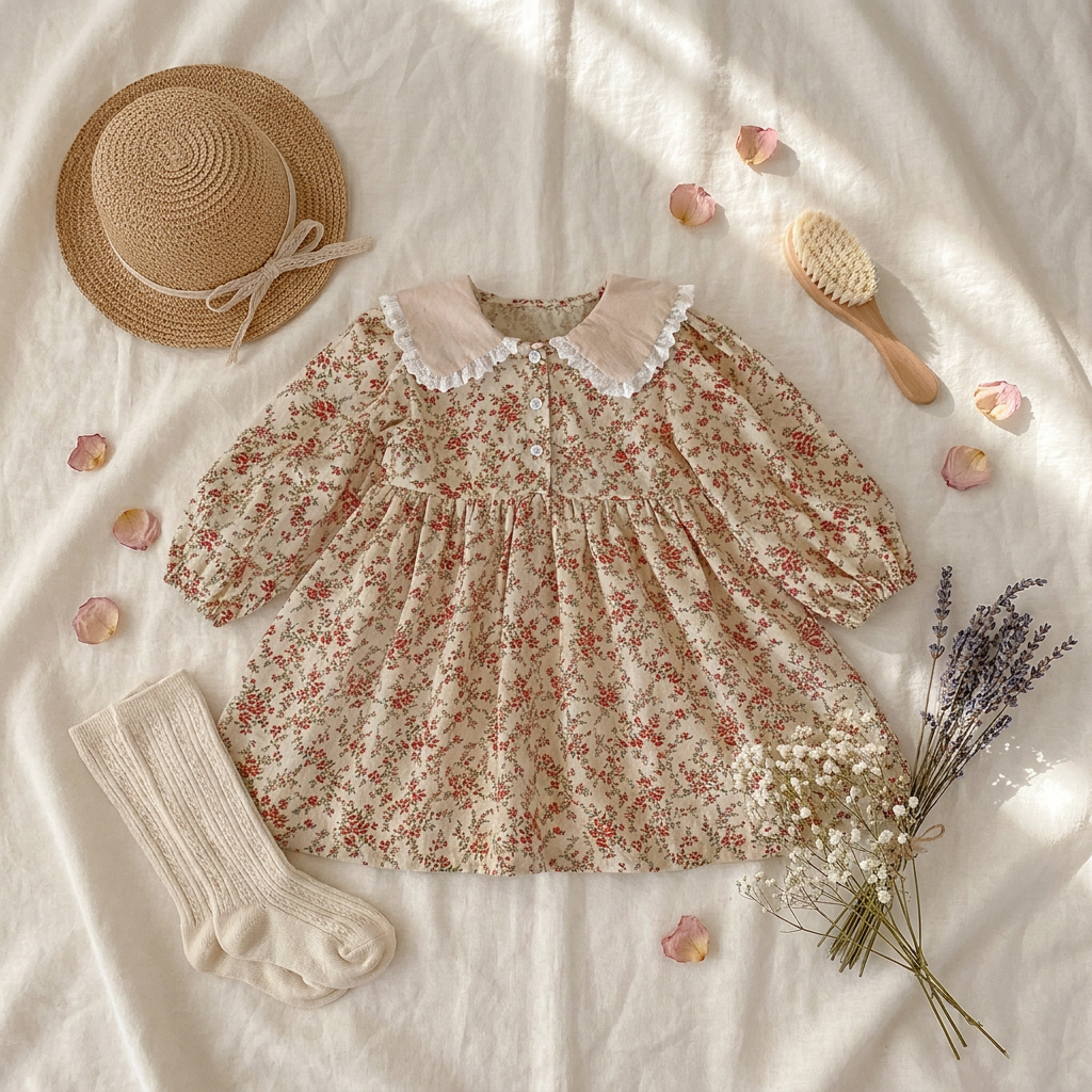 Flat lay style image of the cream vintage floral girls' dress styled aesthetically with a straw hat, ribbed socks, and dried floral props.