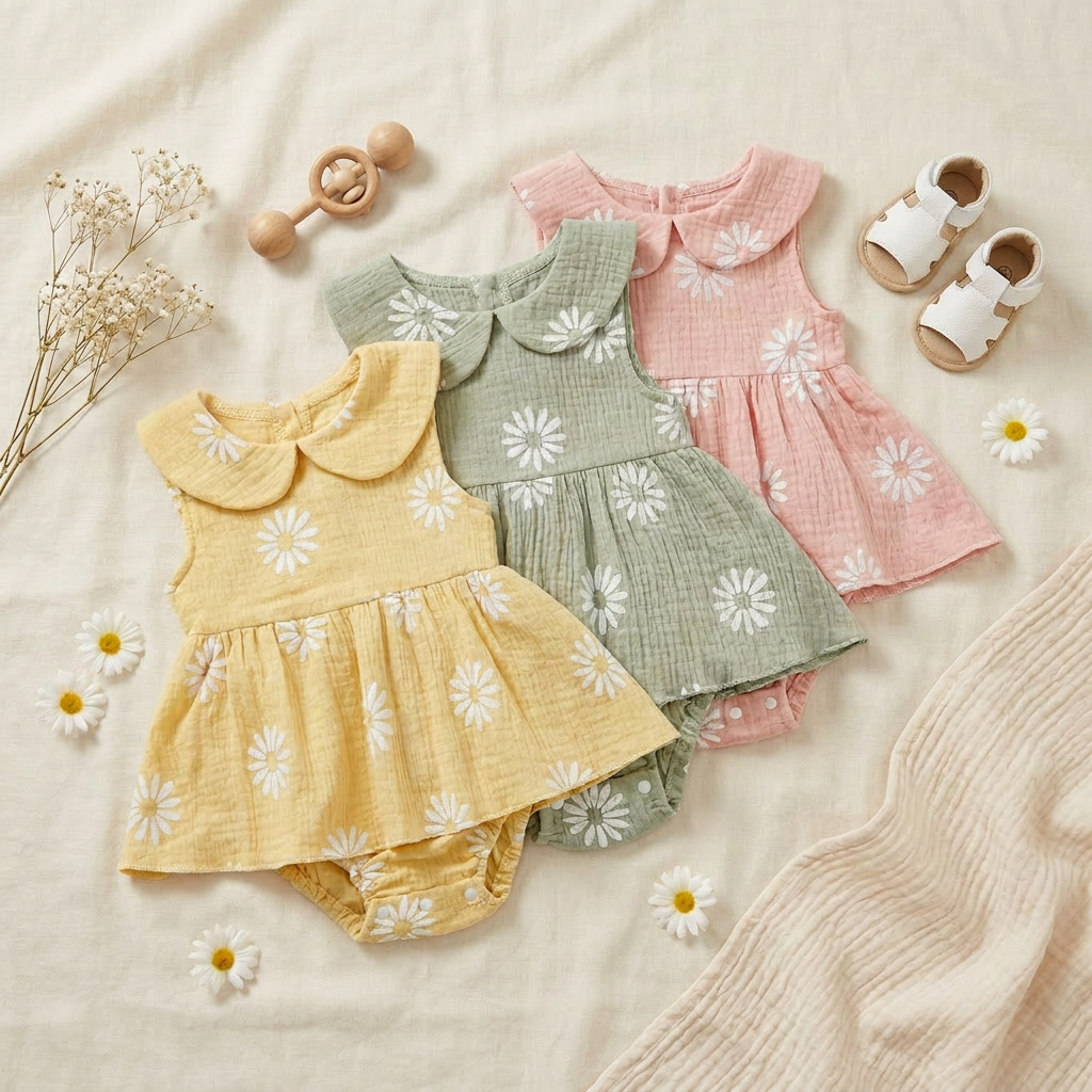 Flat lay arrangement of the Kidsely baby girl daisy rompers in yellow, green, and pink styled with baby shoes and flowers.