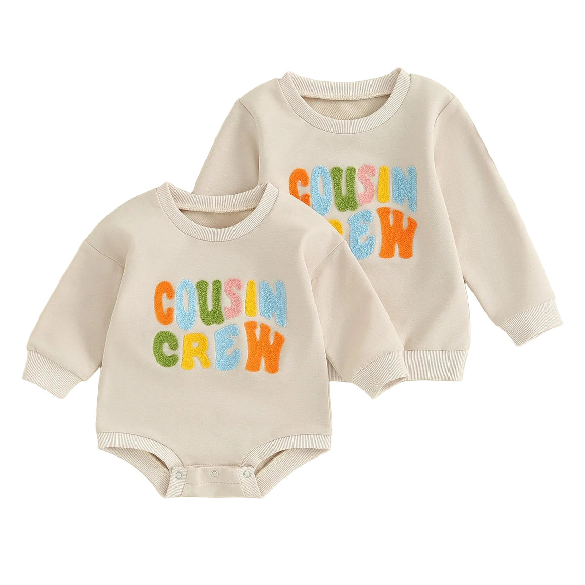 Cousin Crew matching baby bodysuit and toddler long sleeve sweatshirt with colorful embroidered lettering