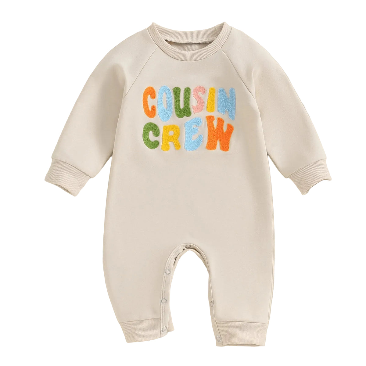 Cream full-length baby sweatshirt romper with colorful Cousin Crew embroidered lettering