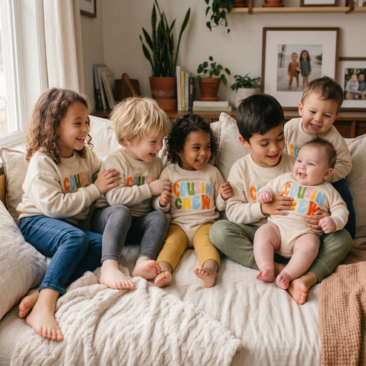 Group of cousins sitting together on a bed wearing matching Cousin Crew neutral outfits for a family photoshoot
