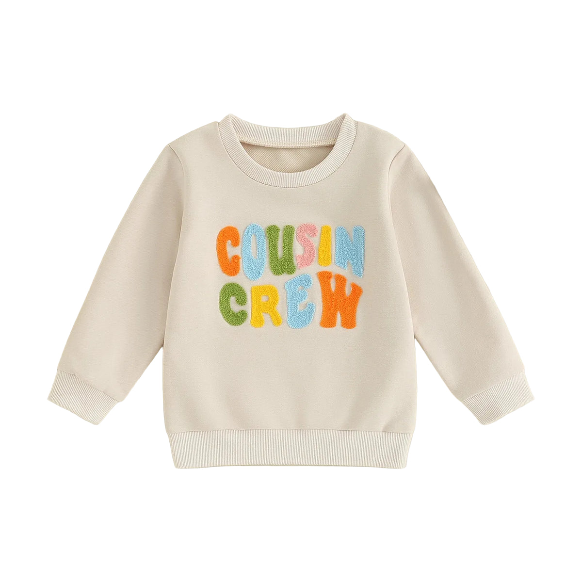 Cream toddler pullover sweatshirt with vibrant Cousin Crew letter embroidery