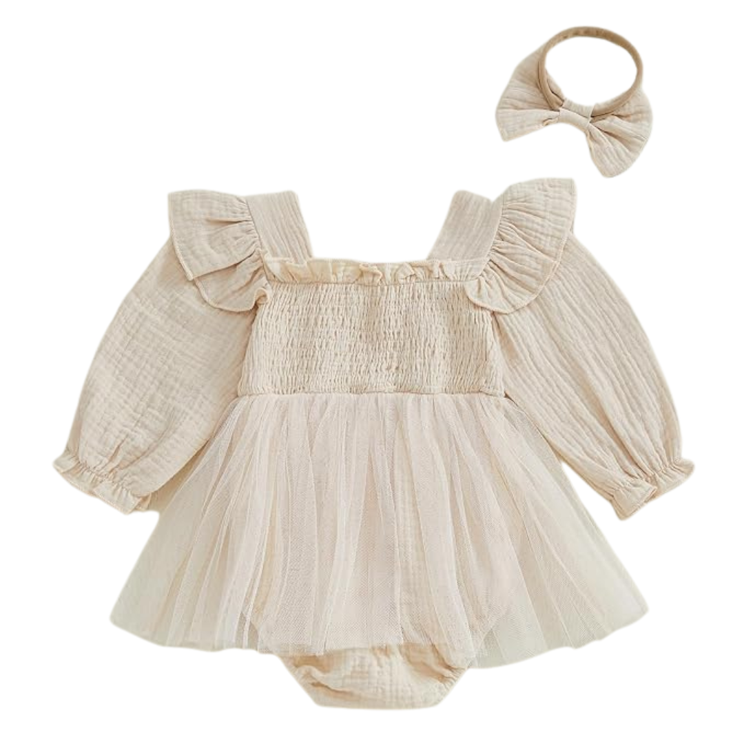 Cream color baby girl long sleeve tulle romper dress with pink embroidered ONE and matching bow headband