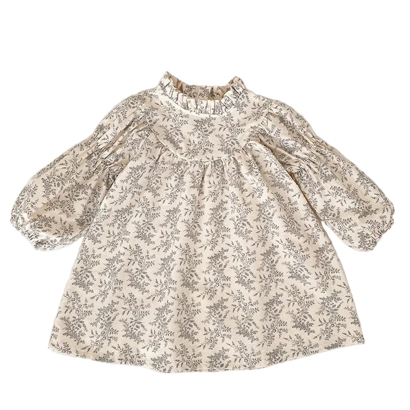 Full front view of a vintage-inspired girls cream and gray botanical floral dress with long sleeves, laid flat.