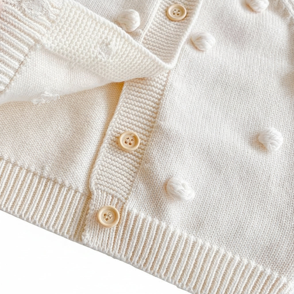 Close up of the cream baby cardigan showing the soft cotton knit, wooden-style buttons, and 3D pom-pom details.