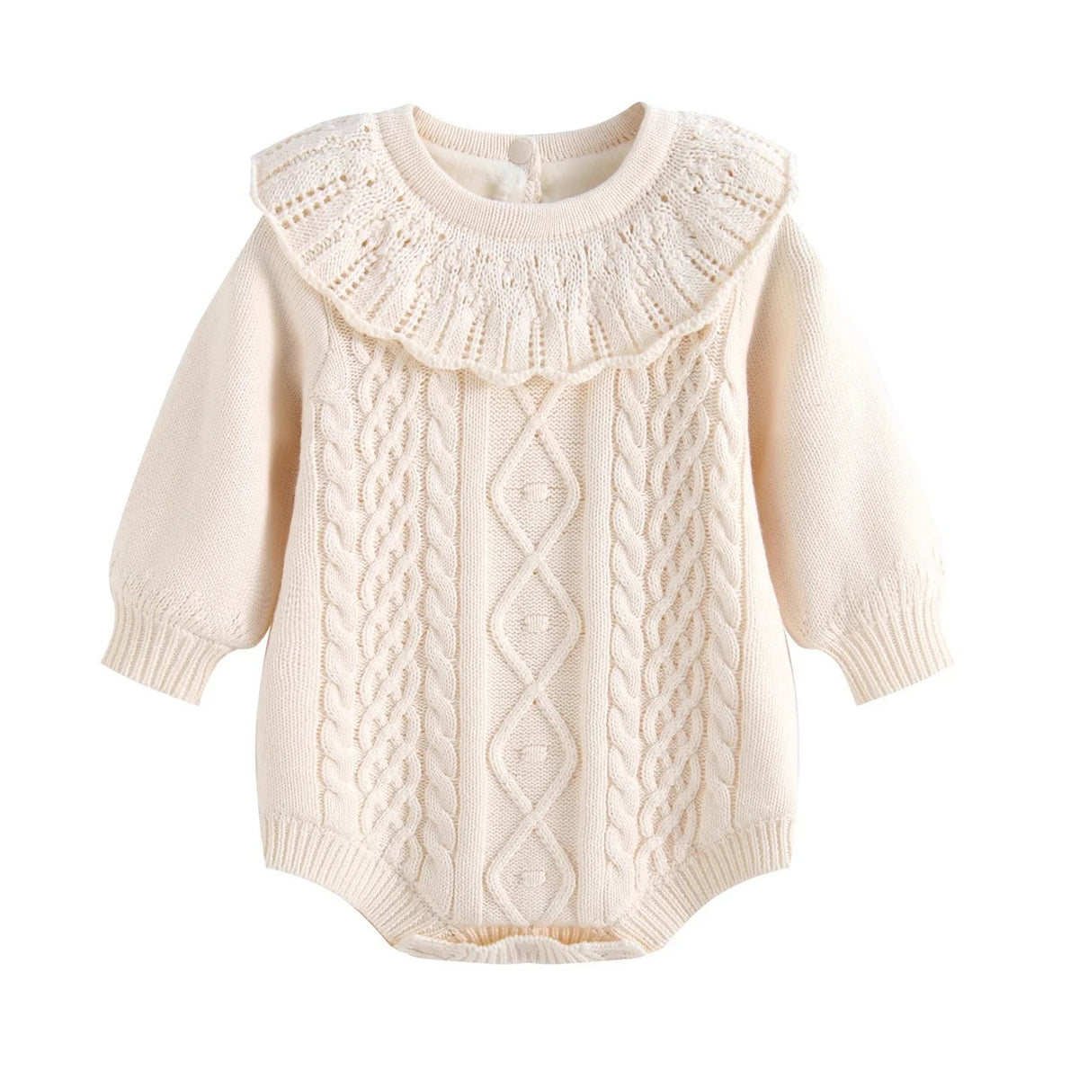 Kidsely cream baby girl long sleeve cable knit sweater romper with ruffled collar on a plain background.