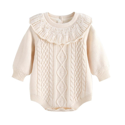 Kidsely cream baby girl long sleeve cable knit sweater romper with ruffled collar on a plain background.