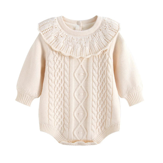 Kidsely cream baby girl long sleeve cable knit sweater romper with ruffled collar on a plain background.
