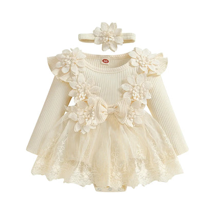 Cream baby girl long sleeve ribbed floral tutu romper dress with matching 3D flower headband.