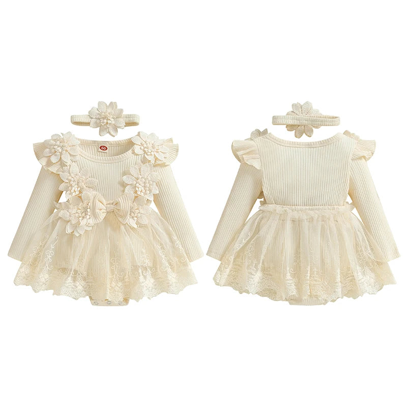 Front and back display of the cream baby girl floral tutu romper dress with headbands.
