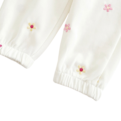 Detail shot focused on the ribbed ankle cuffs of the off-white baby joggers, showing the gathered fabric and floral embroidery.