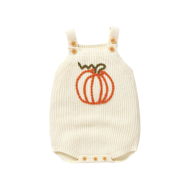 Cream baby knit pumpkin bubble romper featuring an orange woven pumpkin design on the front.