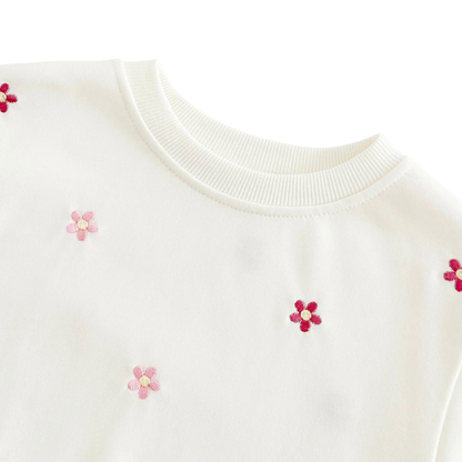 Close-up detail shot of the ribbed crew neckline and shoulder of the off-white baby sweatshirt, showcasing the soft fabric and embroidered floral details.
