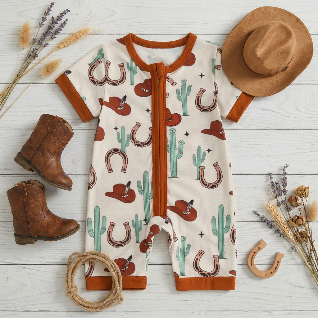 Flat lay of a cream baby western cactus romper styled on a white wooden background with leather boots, a brown cowboy hat, a small rope lasso, and dried flowers.