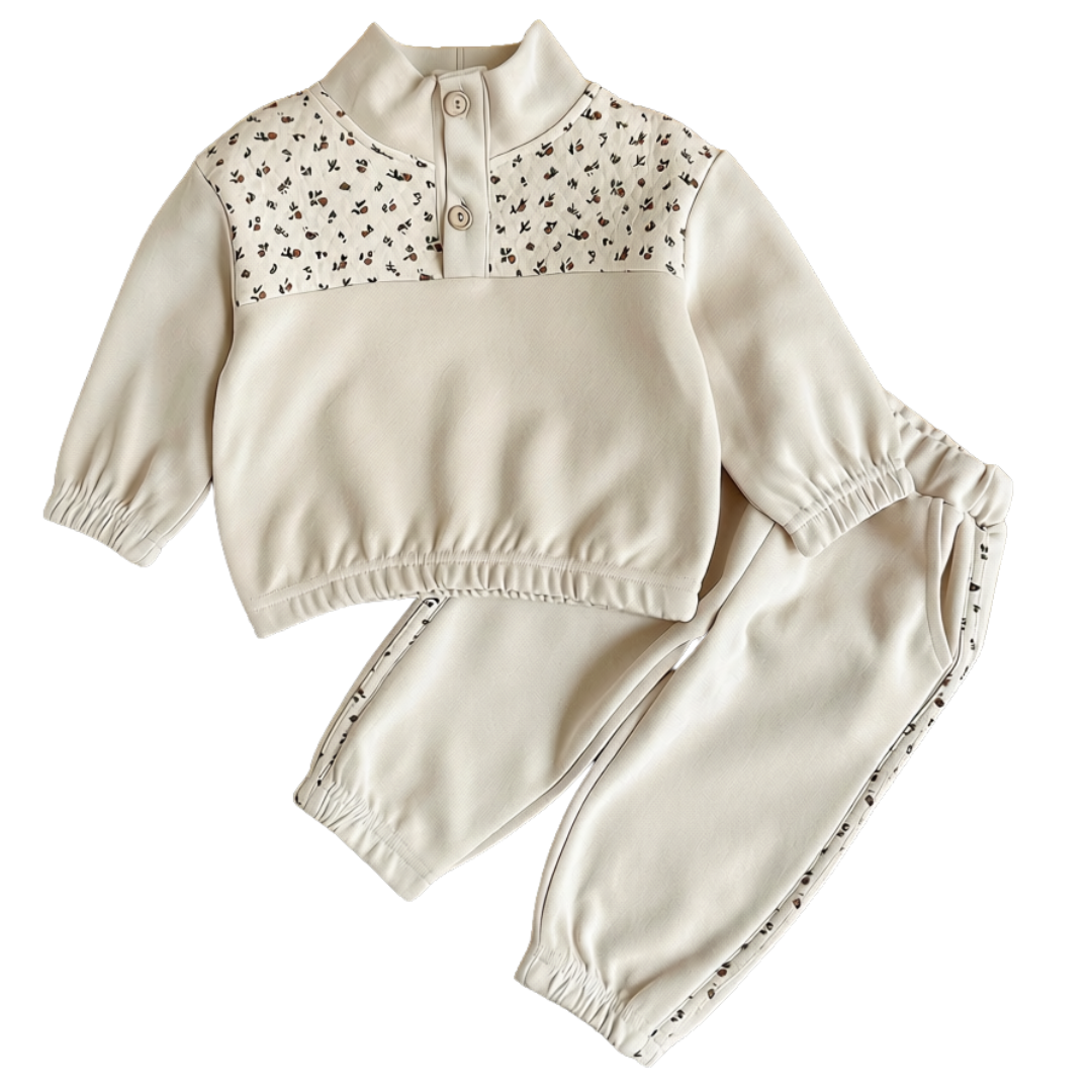 Baby and toddler girls cream sweatshirt and jogger set with a ditsy floral chest yoke and matching side stripes, laid flat on a white background.