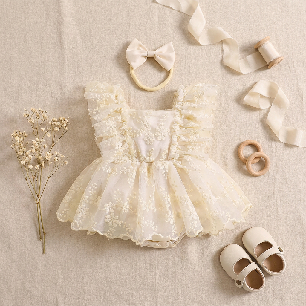 Flat lay of cream baby floral lace romper dress with bow headband and baby shoes