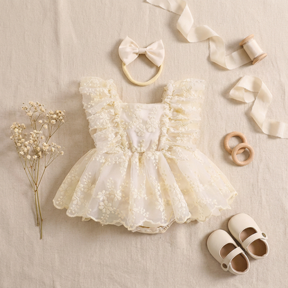 Flat lay of cream baby floral lace romper dress with bow headband and baby shoes