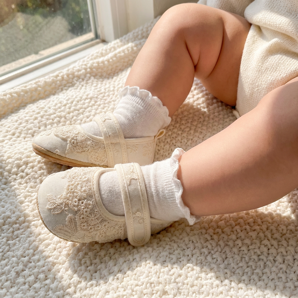 Baby's feet wearing white socks and lace vintage mary jane shoes on a soft surface