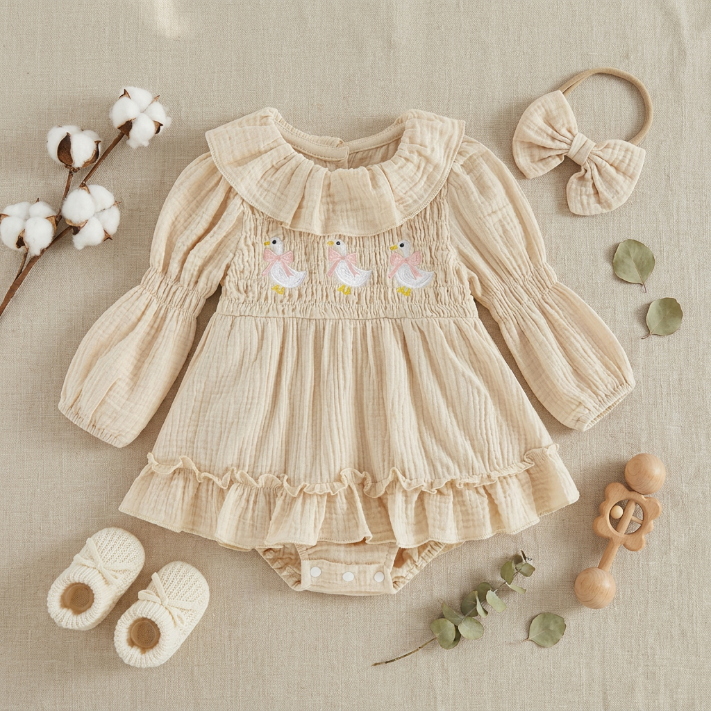 Flat lay of a cream goose baby romper outfit styled with a matching headband, white baby booties, and a wooden rattle on a neutral background.