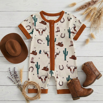 Flat lay styling of a cream longhorn baby romper paired with a brown miniature cowboy hat, leather cowboy boots, and decorative dried wheat.