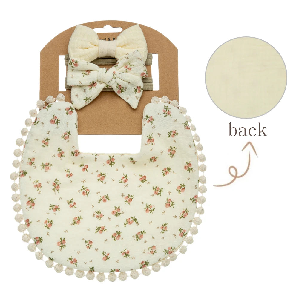 Vintage cream meadow floral rosebud muslin baby girl bib with ivory white matching headbands.