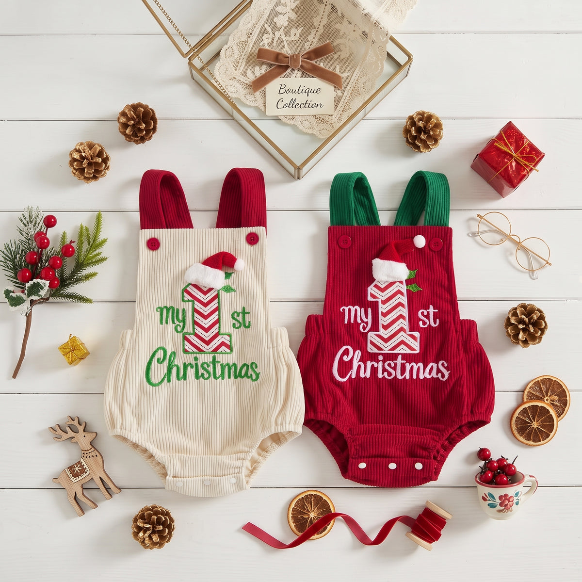 Flat lay view of cream and red My 1st Christmas embroidered corduroy baby bubble rompers