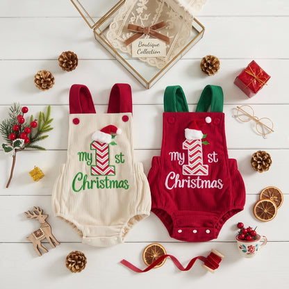 Flat lay view of cream and red My 1st Christmas embroidered corduroy baby bubble rompers