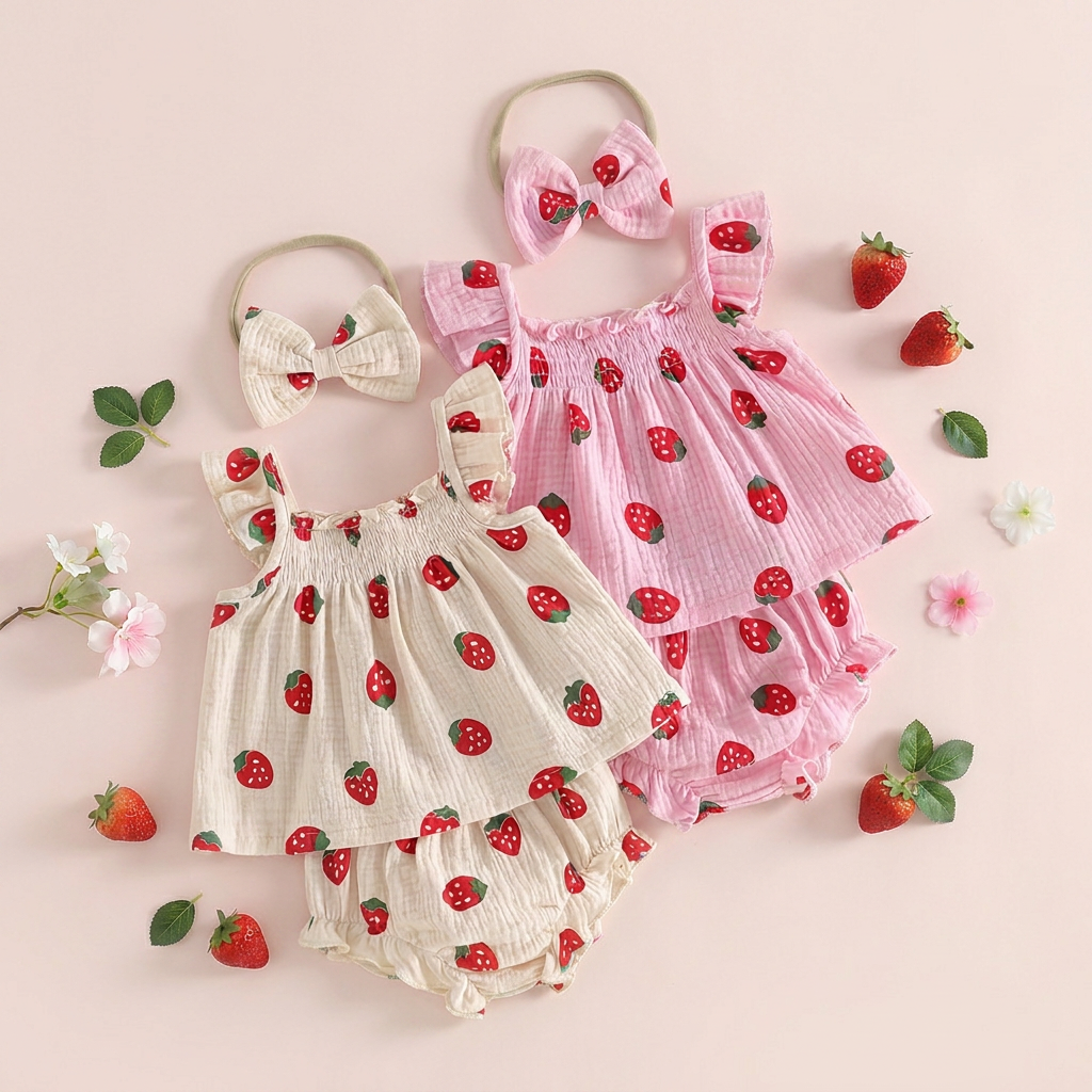 Cream strawberry print outfit with headband along side a pink strawberry outfit on a light background