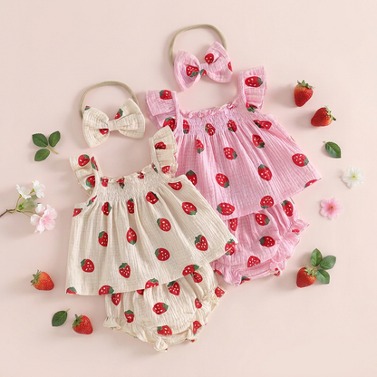 Cream strawberry print outfit with headband along side a pink strawberry outfit on a light background