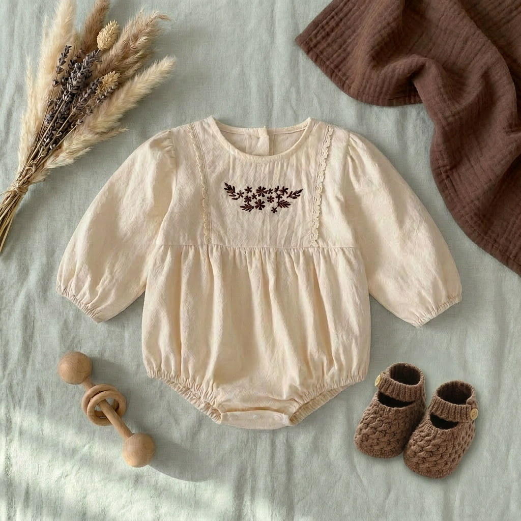 Flat lay aesthetic photo of the cream floral embroidered baby girl bubble romper styled with brown baby booties, a wooden teething ring, and dried florals.