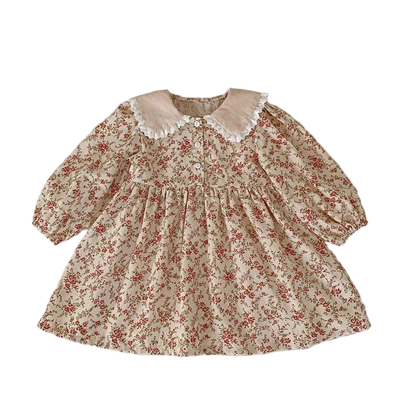 Full front view of the toddler and girls cream vintage floral long-sleeve dress featuring a gathered waist and lace-trimmed Peter Pan collar.