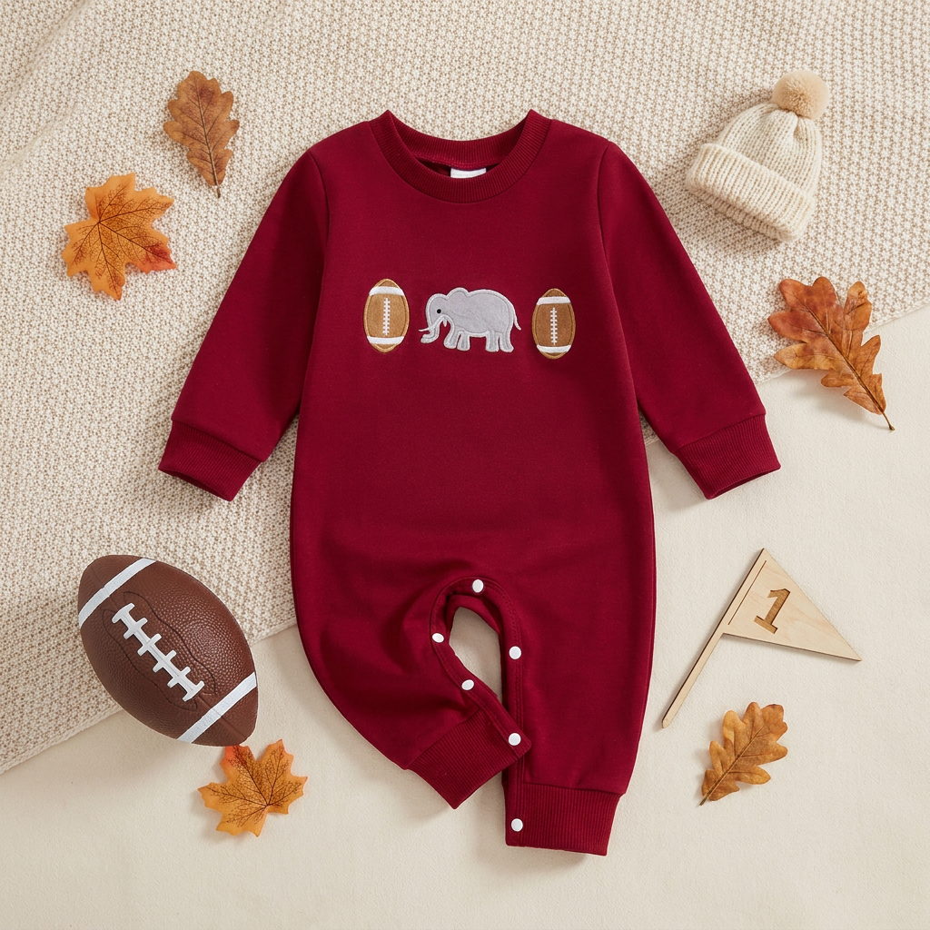 Styled fall flat lay of a premium crimson red infant long sleeve jumpsuit featuring vintage elephant and football chest embroidery, surrounded by autumn leaves, a mini football, a wooden pennant, and a baby beanie.