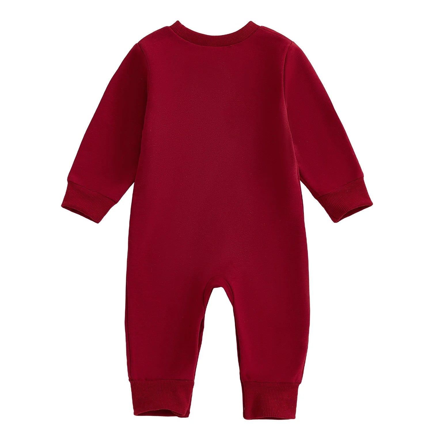 Back flat lay view of the solid crimson red full-length baby and toddler long sleeve jumpsuit.