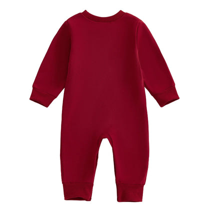 Back flat lay view of the solid crimson red full-length baby and toddler long sleeve jumpsuit.