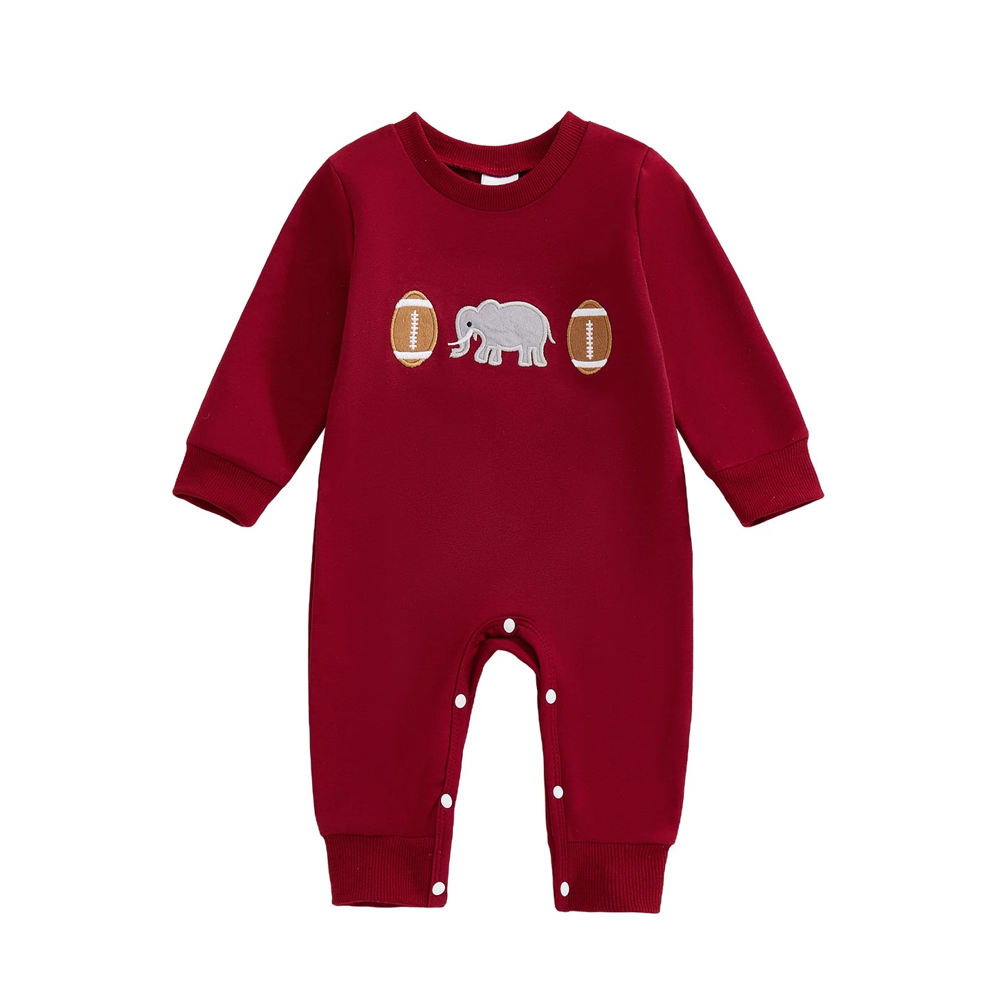 Front flat lay view of a premium crimson red infant long sleeve full-length jumpsuit featuring vintage elephant and football chest embroidery.