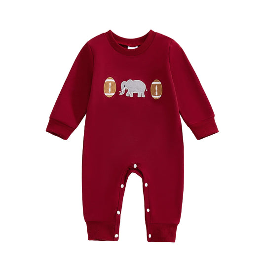 Front flat lay view of a premium crimson red infant long sleeve full-length jumpsuit featuring vintage elephant and football chest embroidery.
