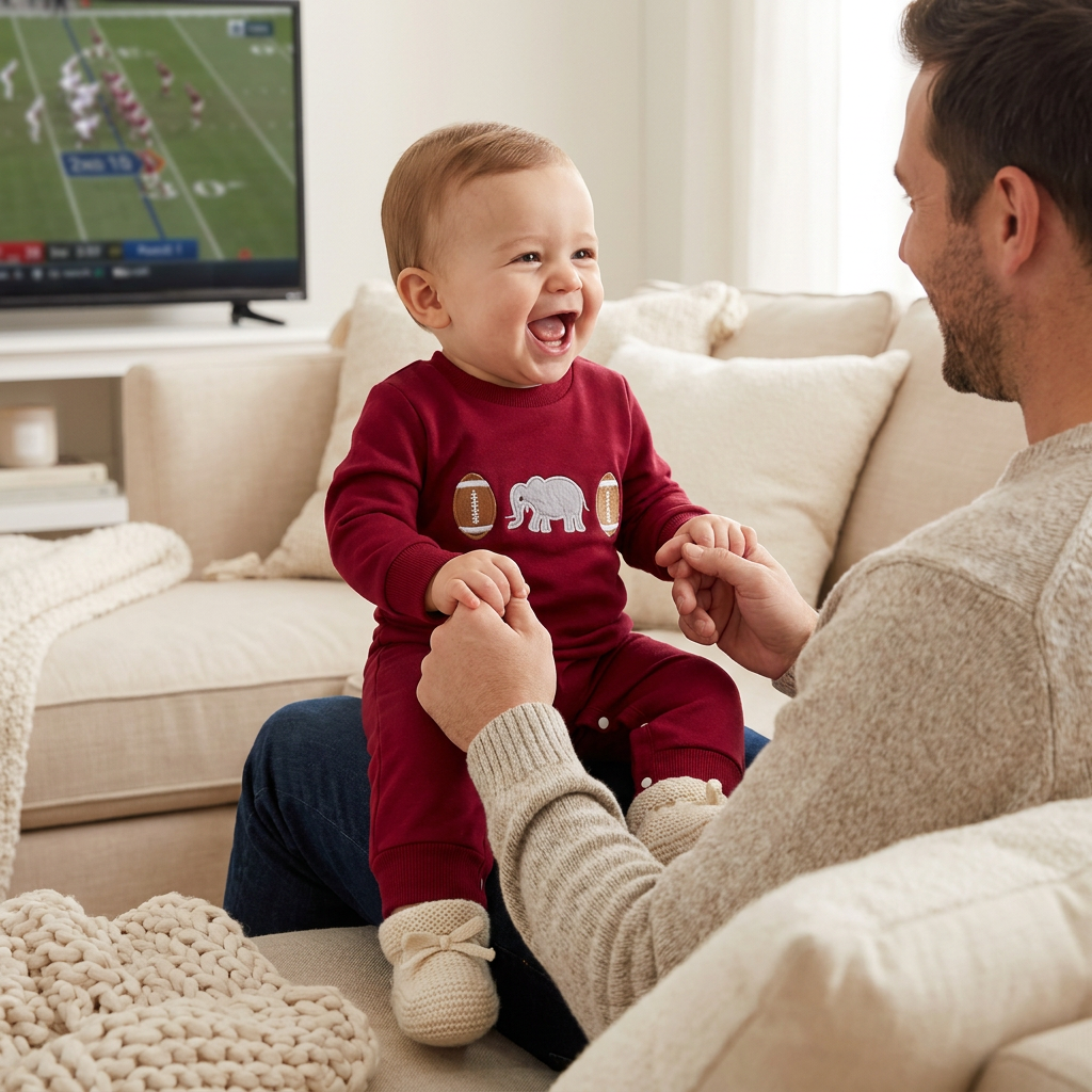 Father playing with a happy baby wearing a crimson elephant and football embroidered game day jumpsuit while a football game plays on TV.