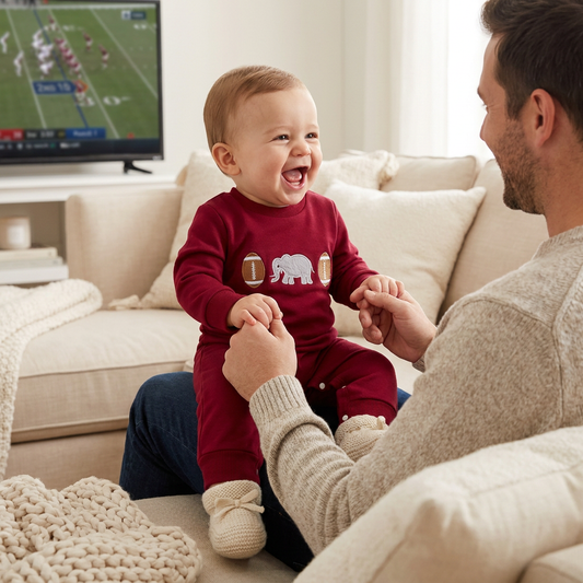 Father playing with a happy baby wearing a crimson elephant and football embroidered game day jumpsuit while a football game plays on TV.